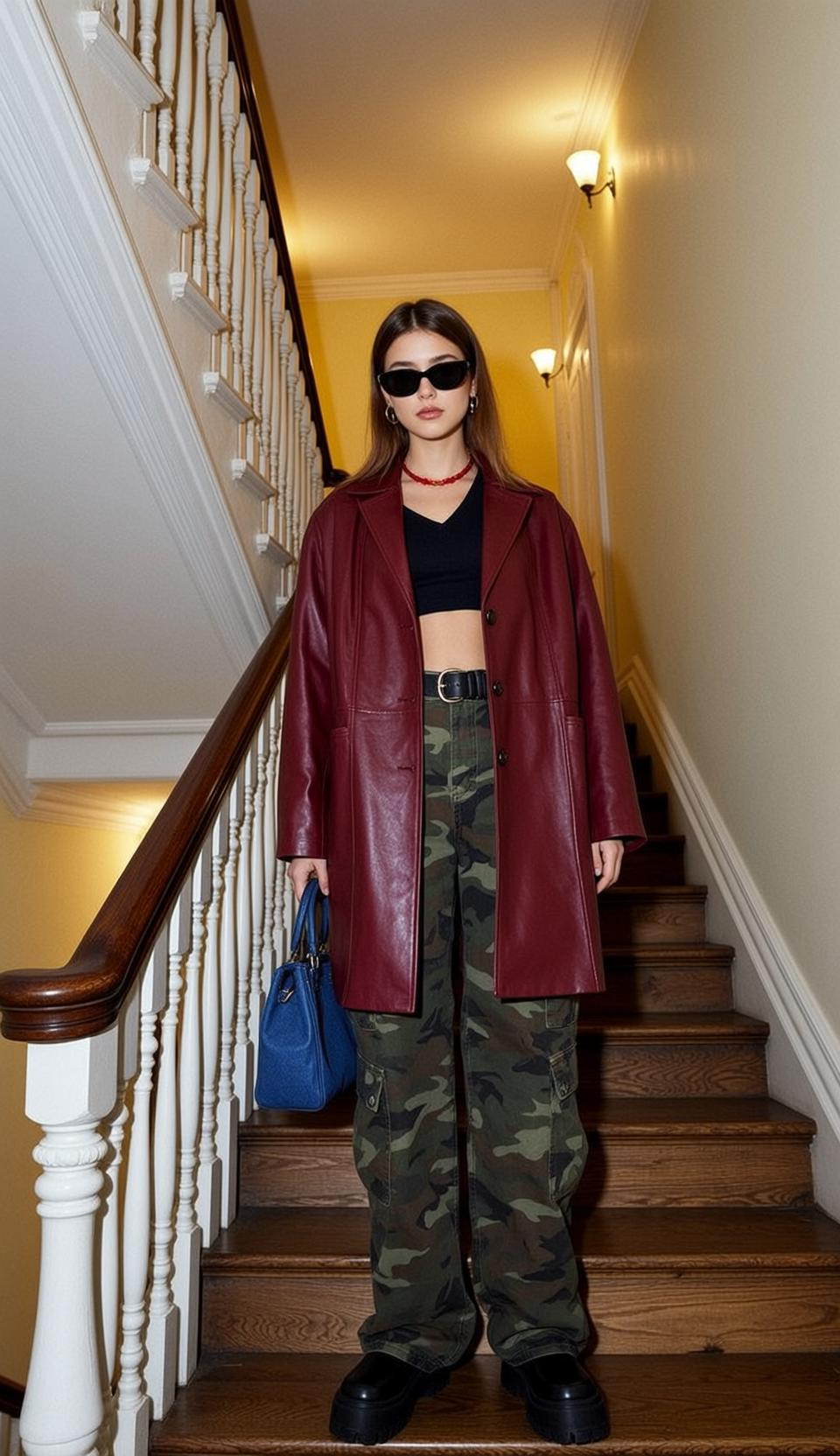 Black Crop Top Camo Pants Leather Jacket Stairs