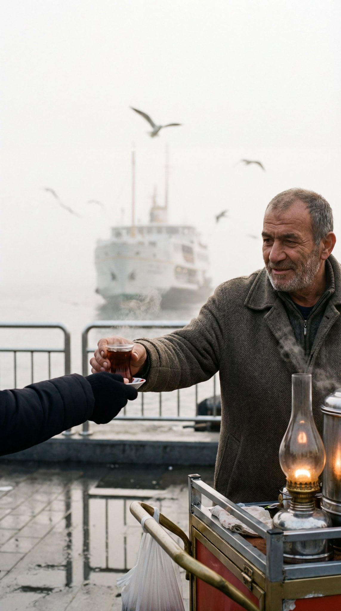 Candid street scene capturing a person touching foggy glass with steam rising and a smile, amidst ferry docks.