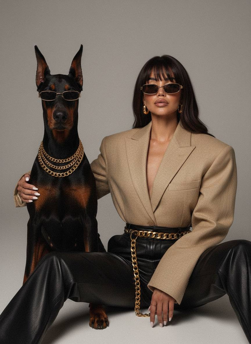 A model seated gracefully with a dog, both wearing glasses, dressed in a beige textured jacket and dark leather pants, embodying luxury and confidence.