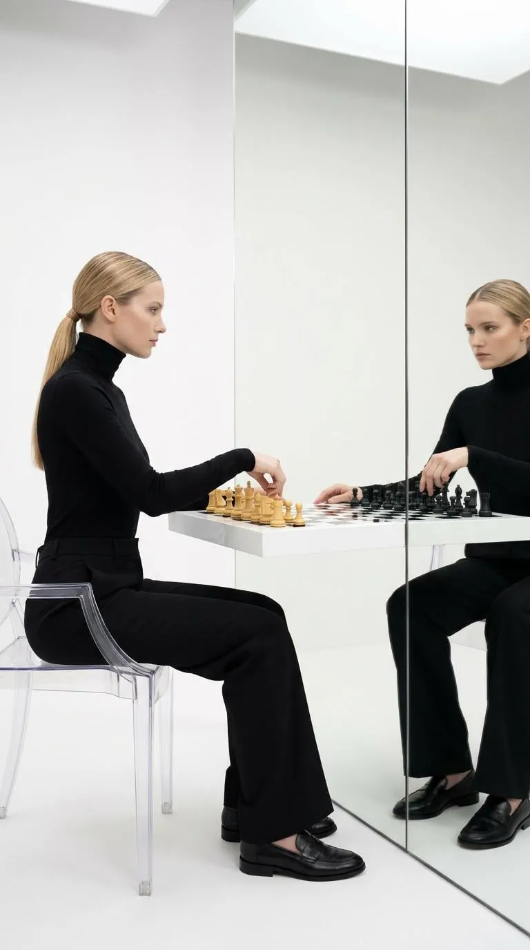 Playing Chess Against Reflection In White Studio