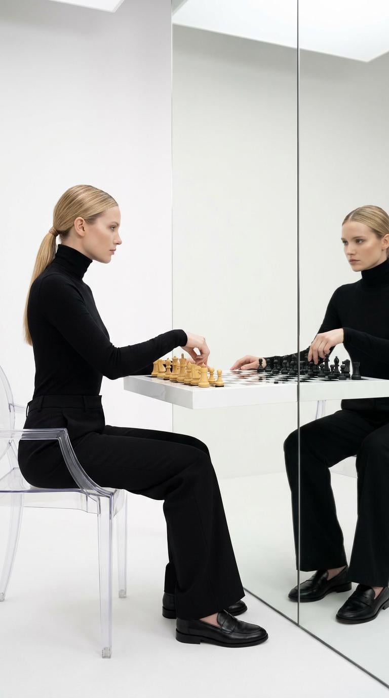 Playing Chess Against Reflection In White Studio