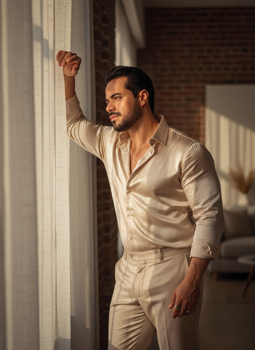 A man in a shimmering satin shirt leans against a window, bathed in golden hour light with a contemplative expression.