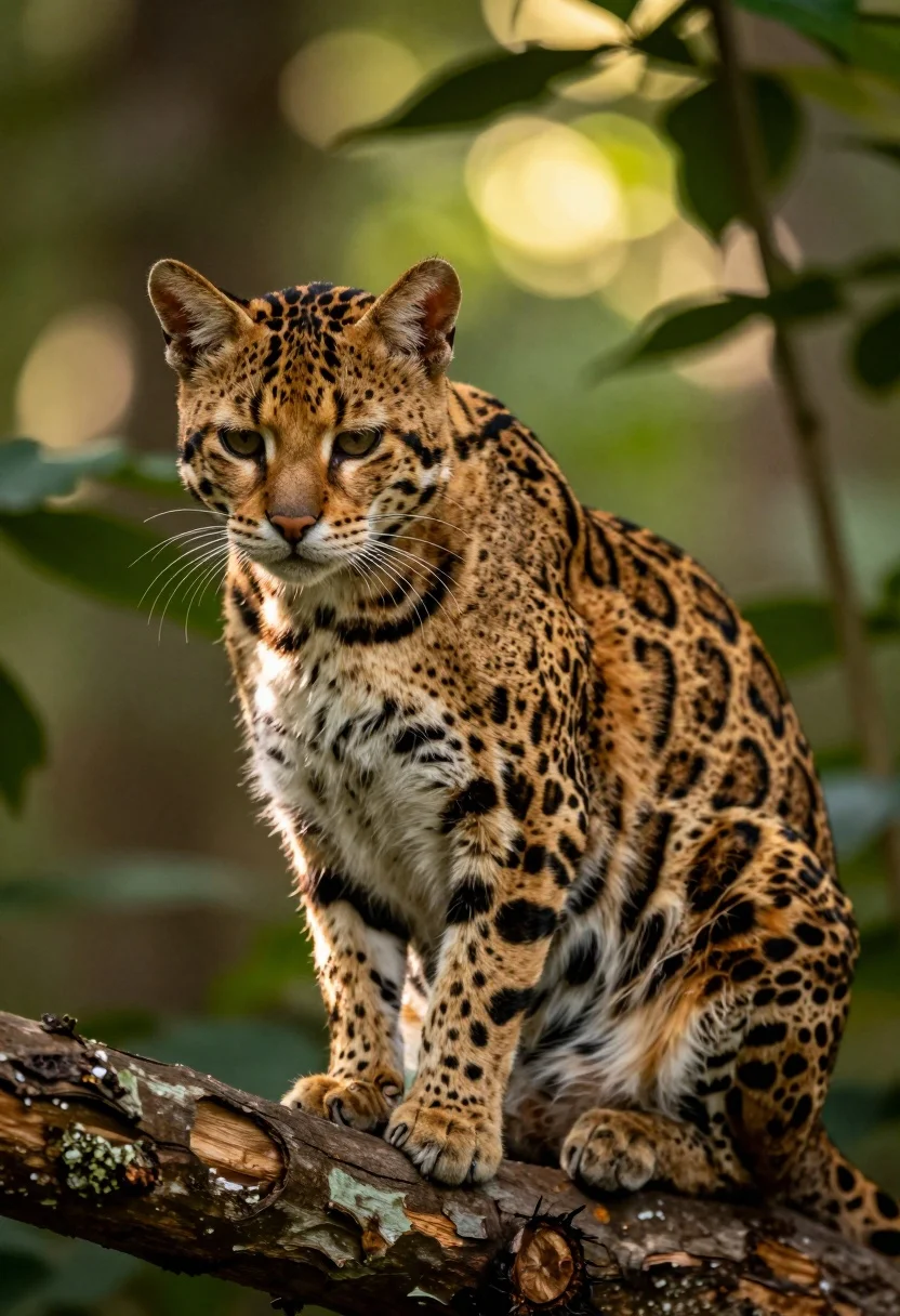 Spotted Wild Cat Sits Poised Thick Tree Branch Sun-dappled Forest