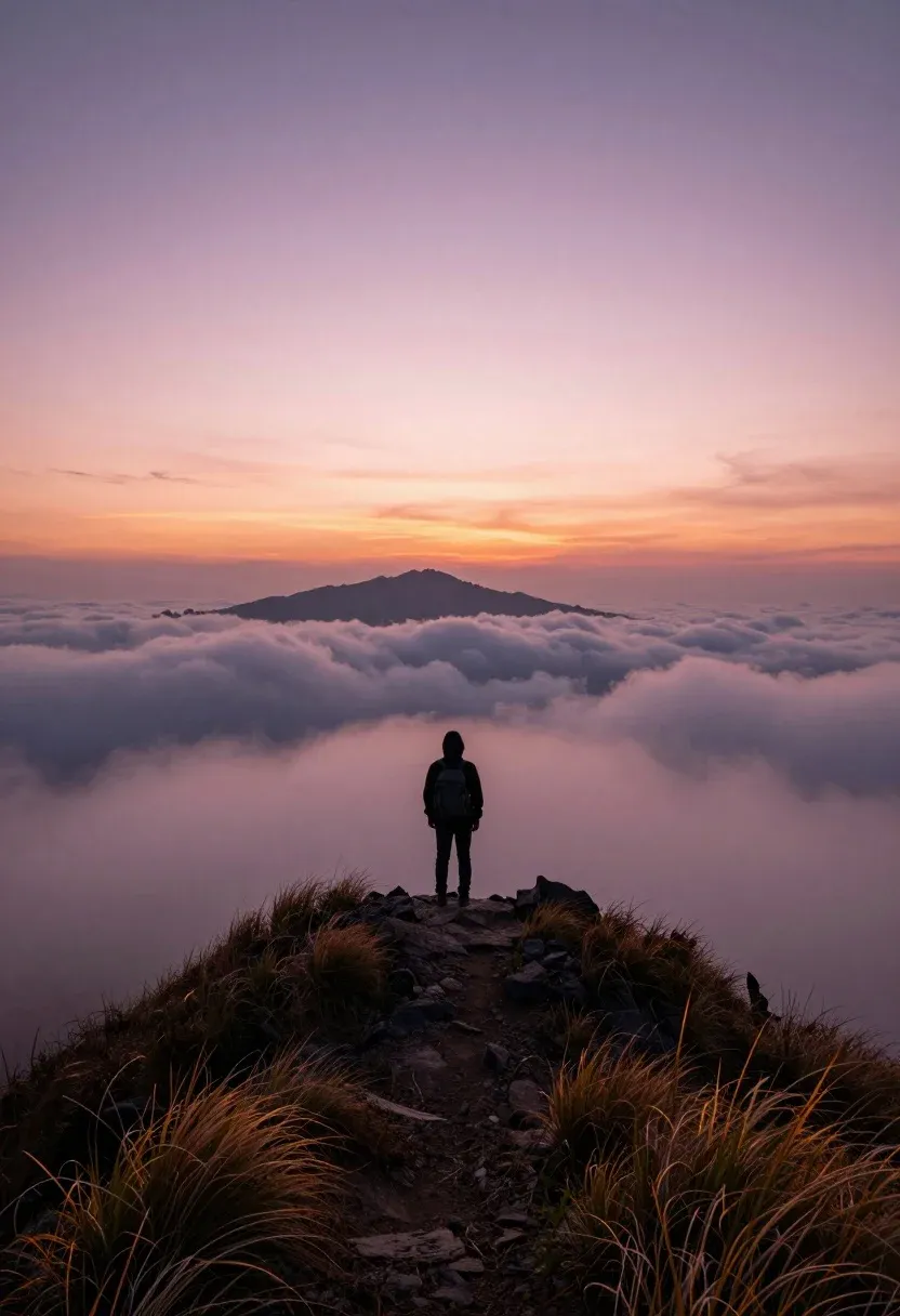 Solitary Silhouette Hiker Stands Atop Grassy Mountain Peak Surrounded Sea