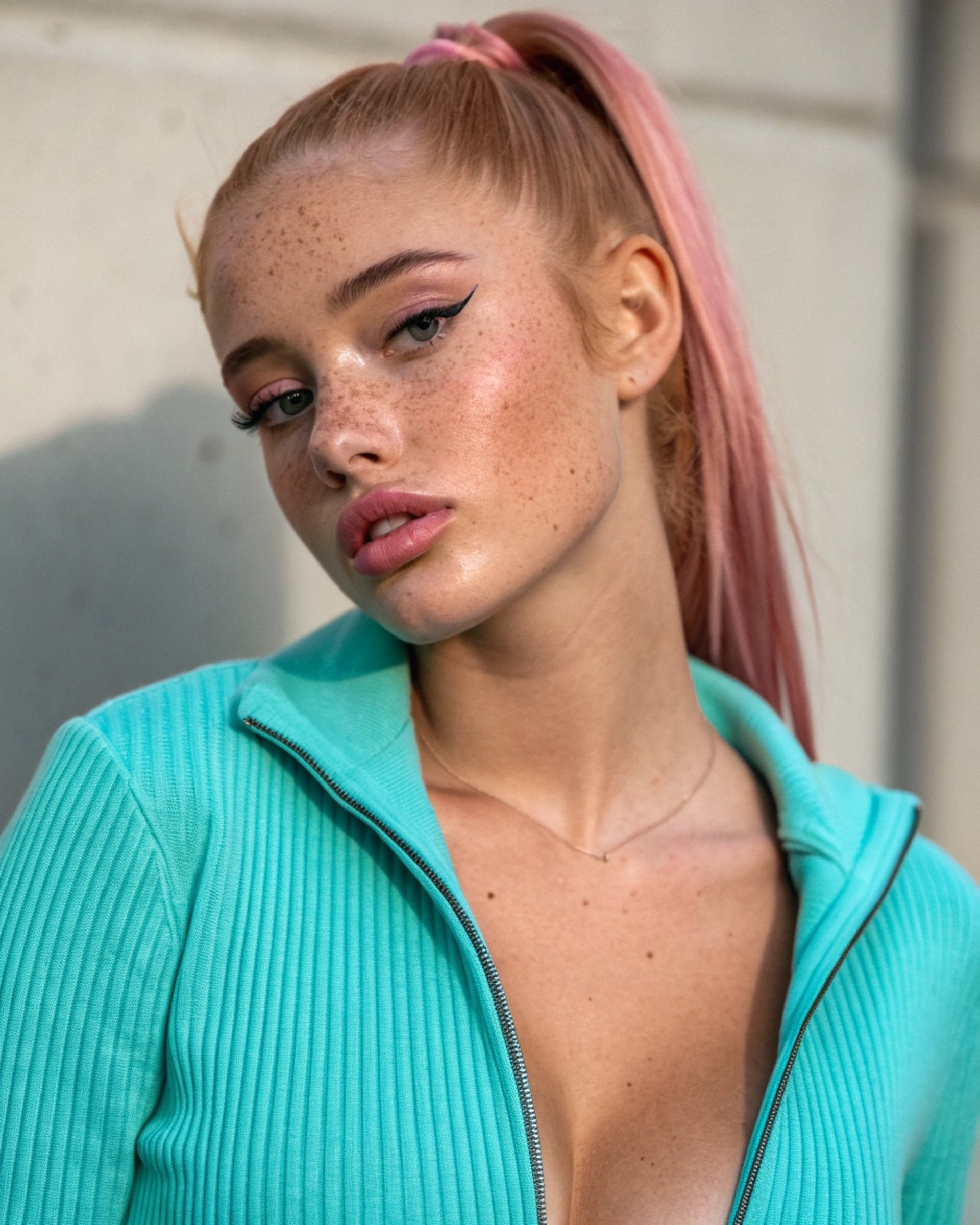 Light Pink Hair Turquoise Top Freckles Winged Eyeliner