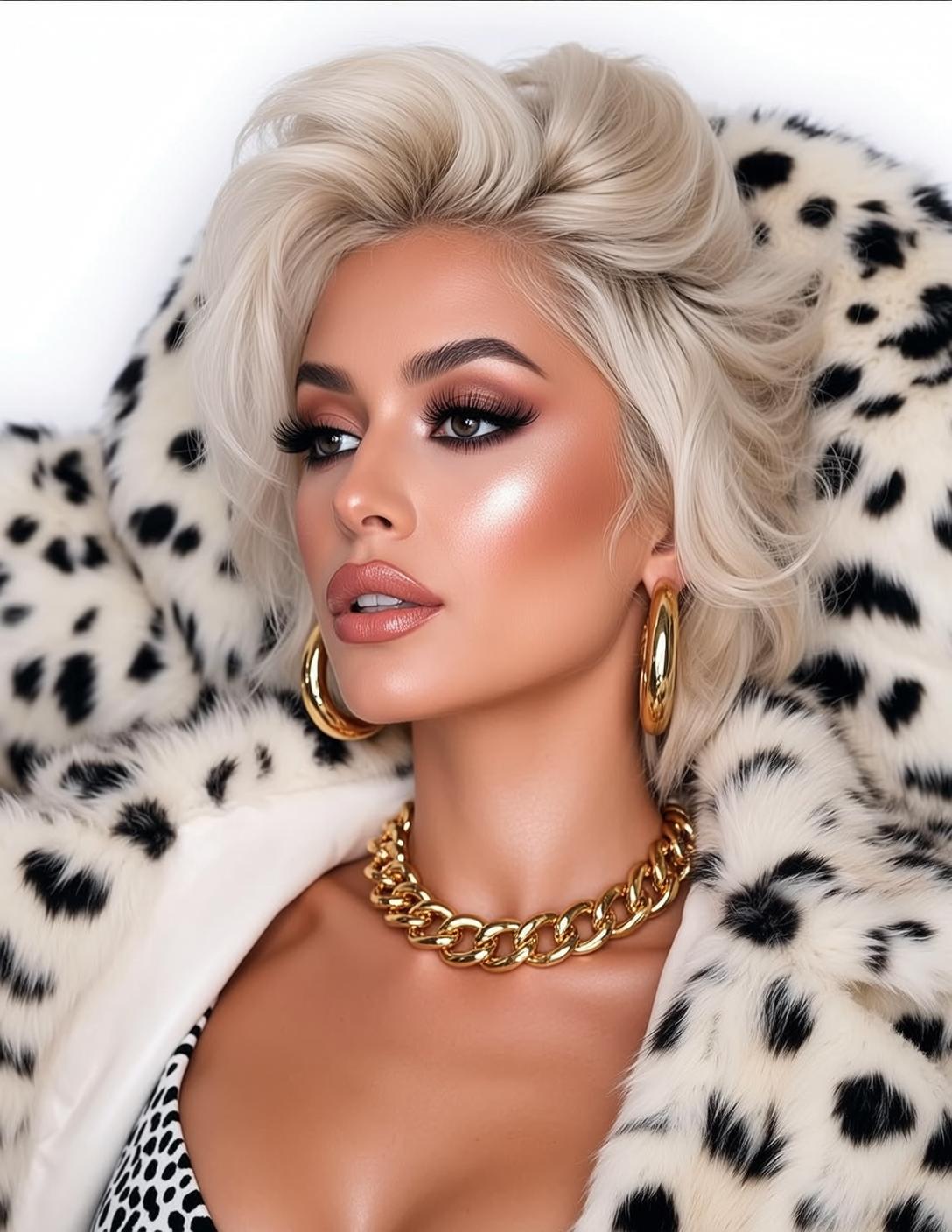 Photorealistic Portrait Woman With Platinum Blonde Voluminous Wavy Hair Styled