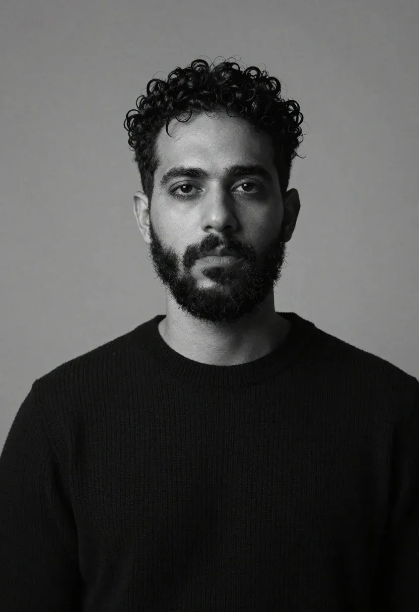 Monochrome Studio Portrait Man With Dark Curly Hair And Full