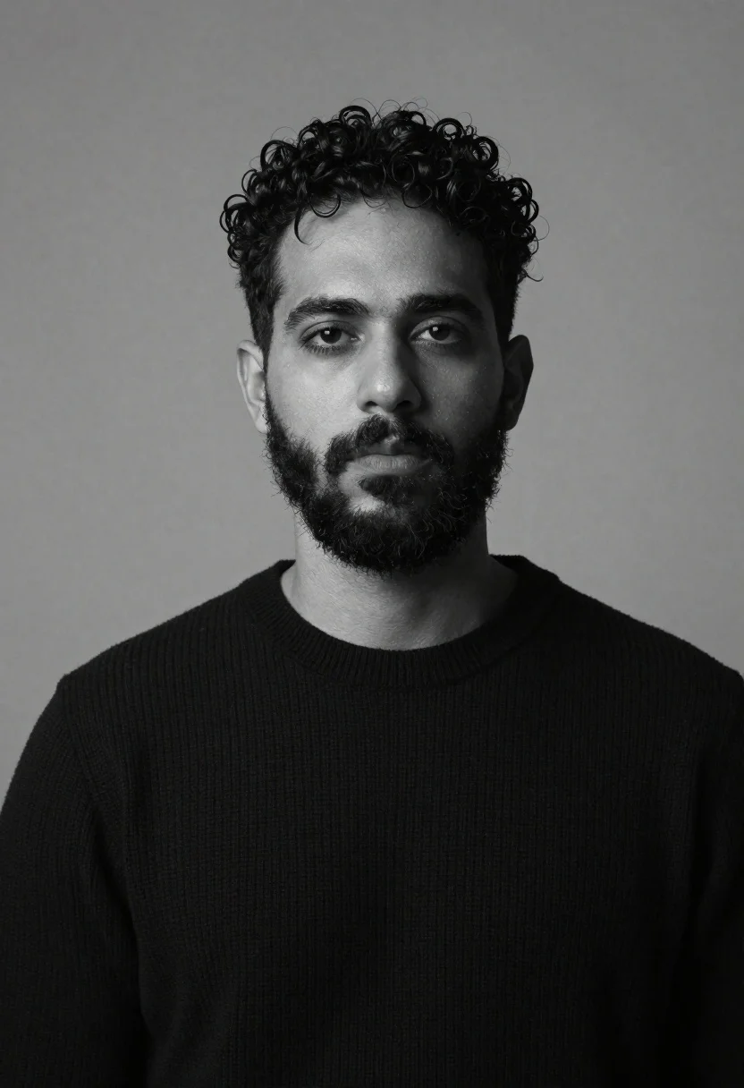 Monochrome Studio Portrait Man With Dark Curly Hair And Full reference photo