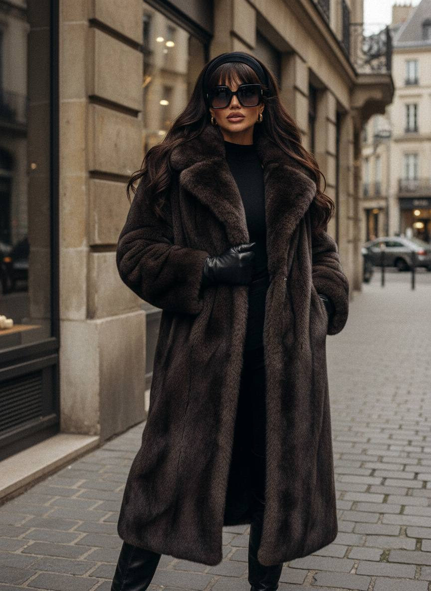 A confident woman with voluminous waves and large sunglasses draped in a long fur coat against a stone wall.