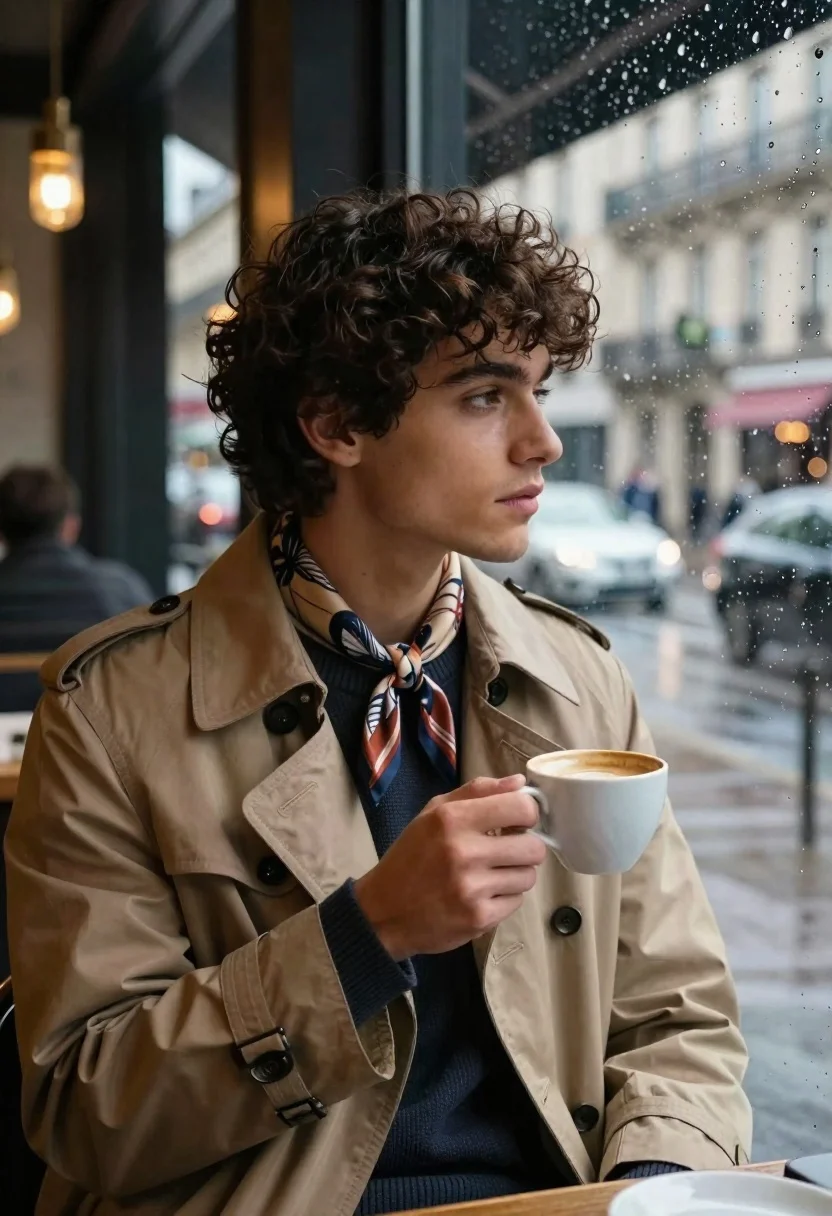 Young Man With Dark Curly Hair Sits Inside Cafe Looking