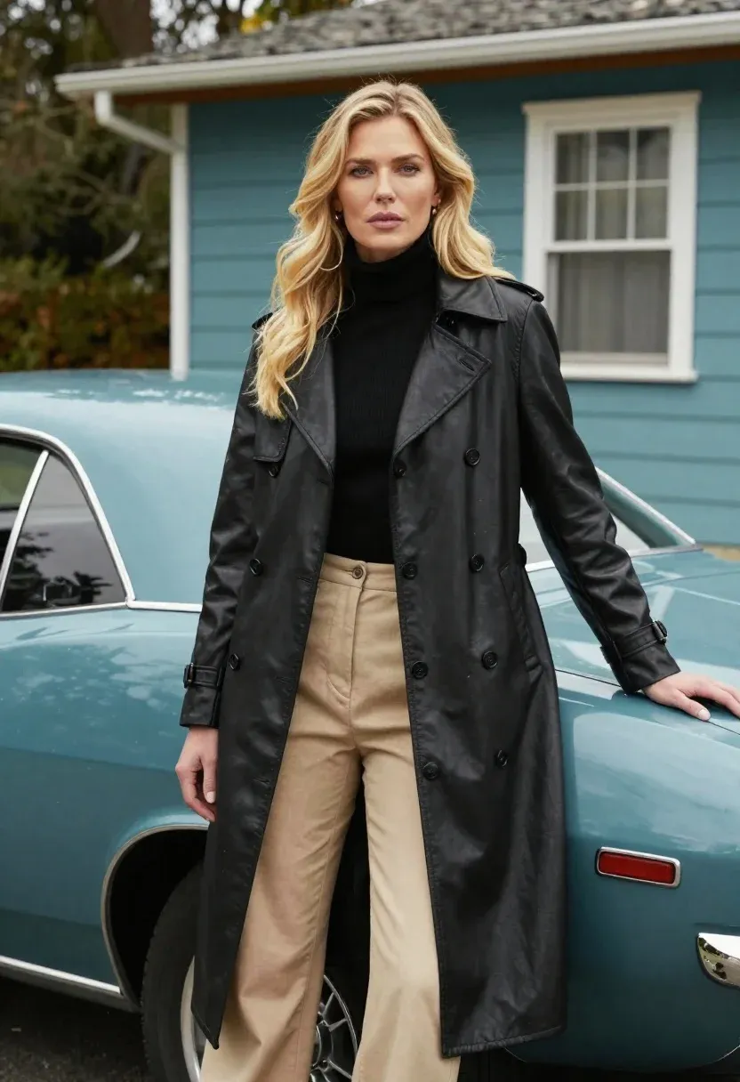 Confident Blonde Woman Leans Against Vintage Teal Muscle Car Outdoor