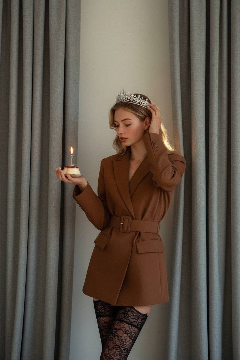 A realistic portrait of a model holding a dessert with a lit candle, wearing a sparkling crown and a stylish brown belted jacket.