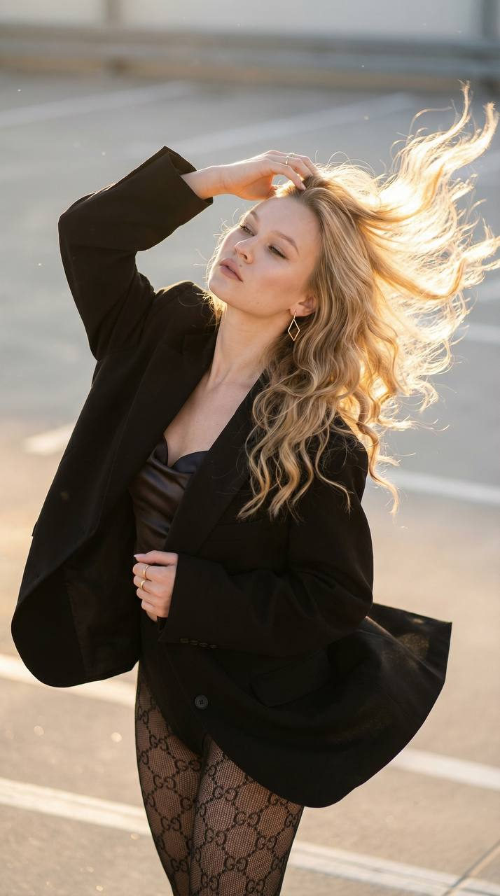 A woman in an oversized black blazer, hair blowing dramatically in the wind, posed in a parking lot during golden hour.