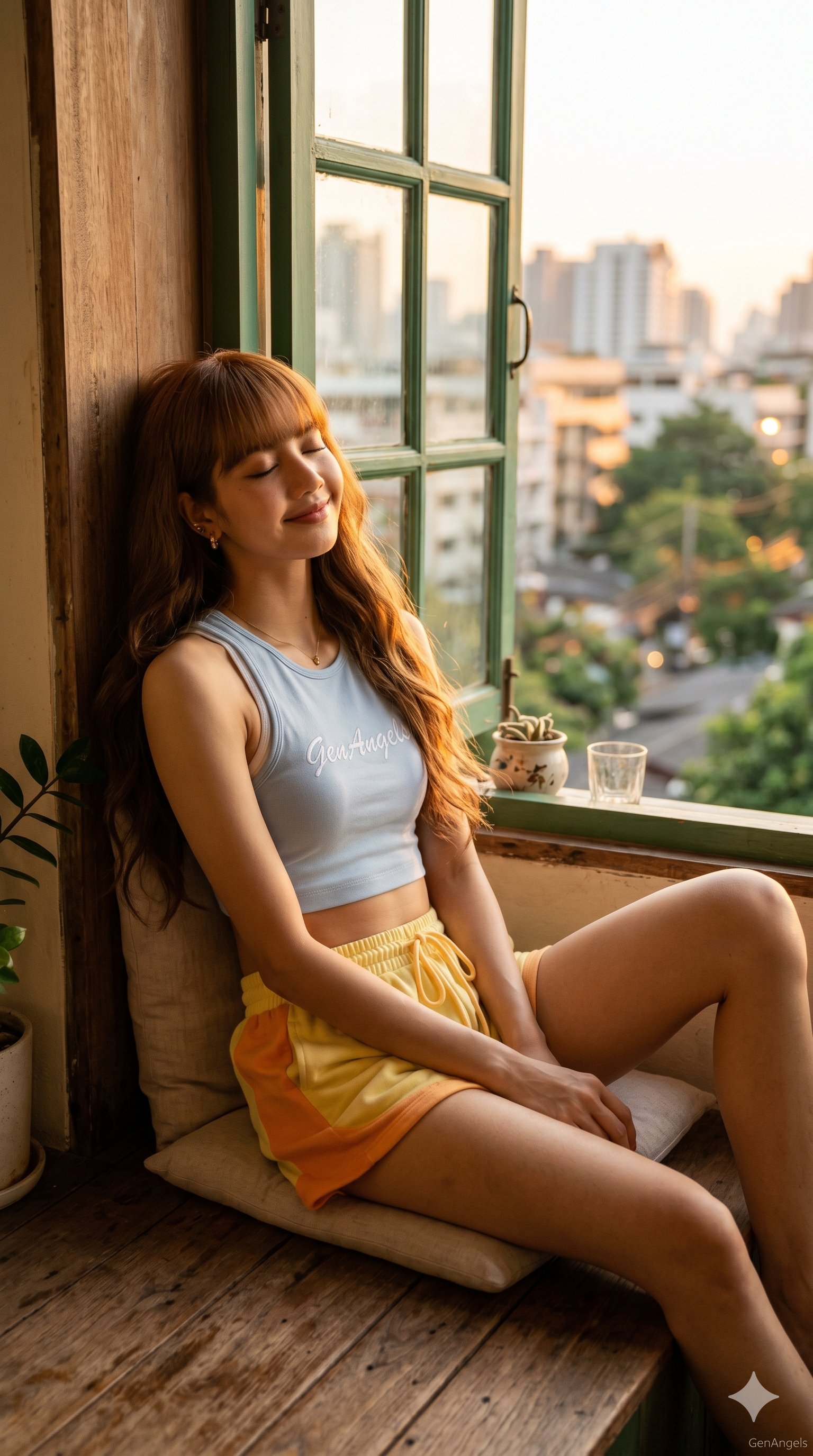 Golden Hour Window Pose Yellow Shorts Tank Top
