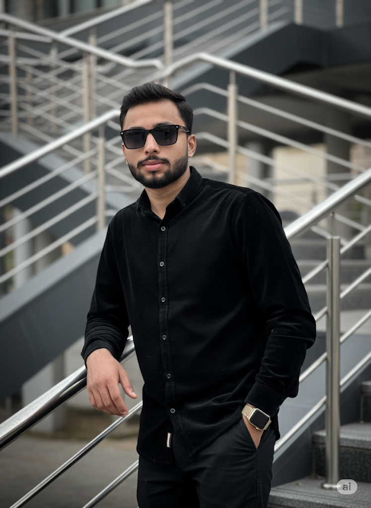 A stylish young man in a black corduroy shirt poses on an outdoor staircase, wearing sunglasses and a smartwatch.