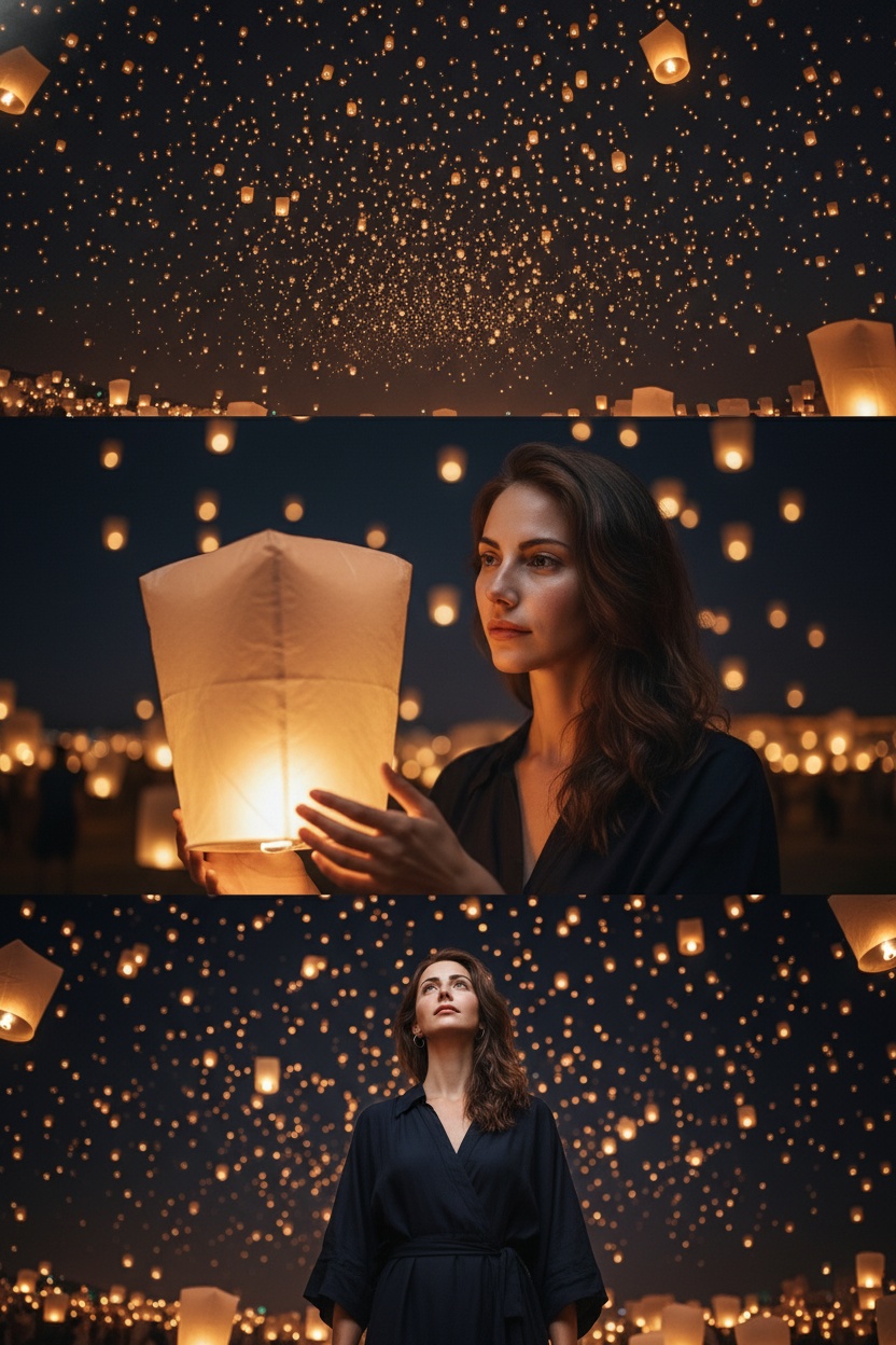 Wide-angle shot of a vast night sky filled with glowing lanterns, creating a dreamy atmosphere.