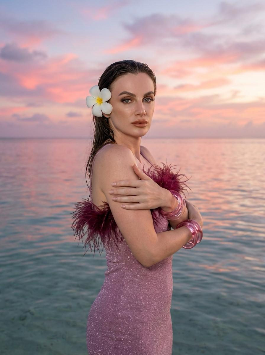 Calm Seawater At Sunset With Tropical Flower