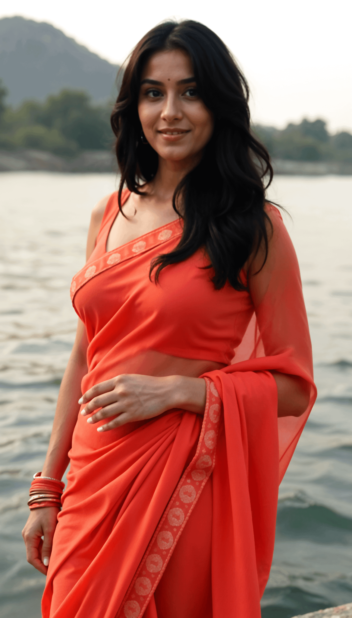 Orange Saree By Water Shallow Depth Of Field