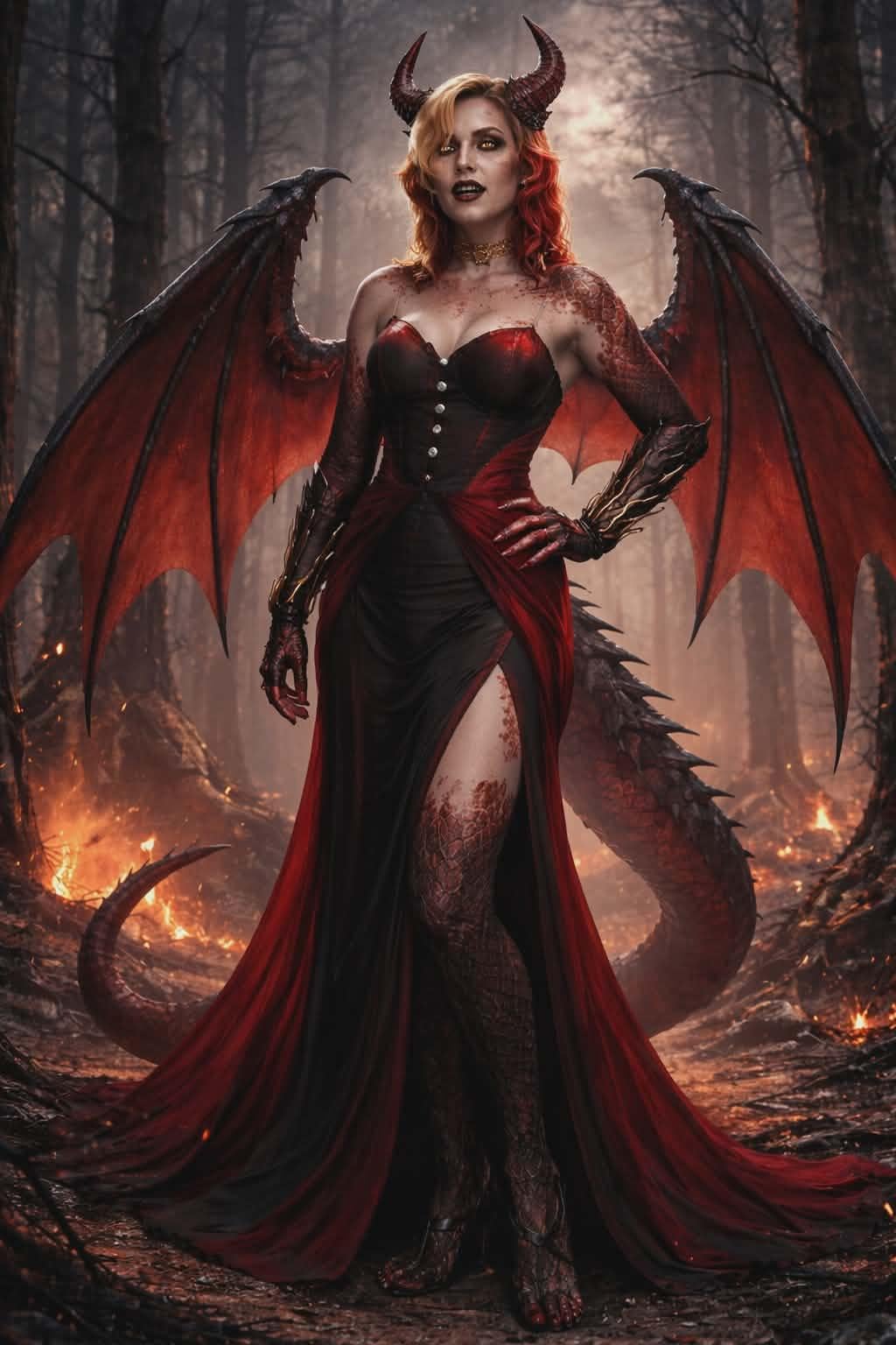 Full Body Demonic Standing In Dark Misty Forest Floor Covered