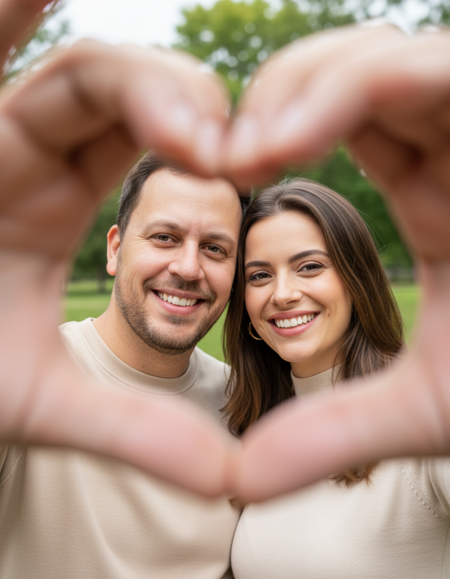 Close-up portrait of a smiling couple framing their faces with hands in a heart shape, glowing in soft natural light.