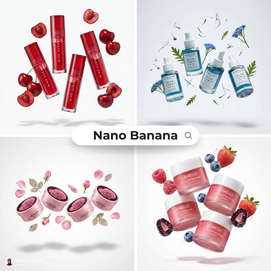 Skincare Product With Fruit Ingredients Floating White Background