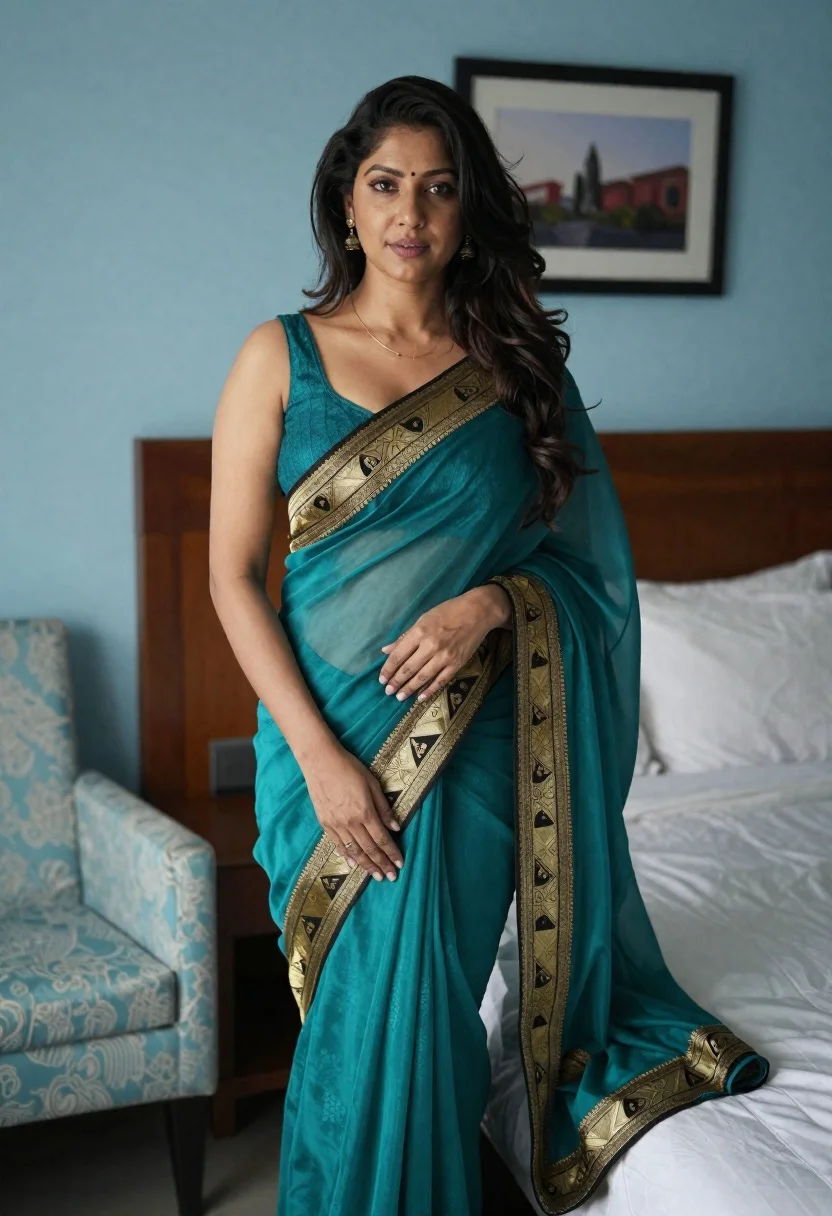 Woman With Long Dark Wavy Hair Stands Bedroom Wearing Teal reference photo