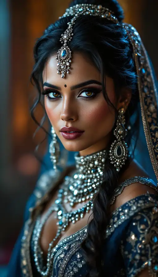 A regal Indian princess in a dark blue and silver outfit, wearing a jeweled tiara with captivating eyes and a vibrant background.