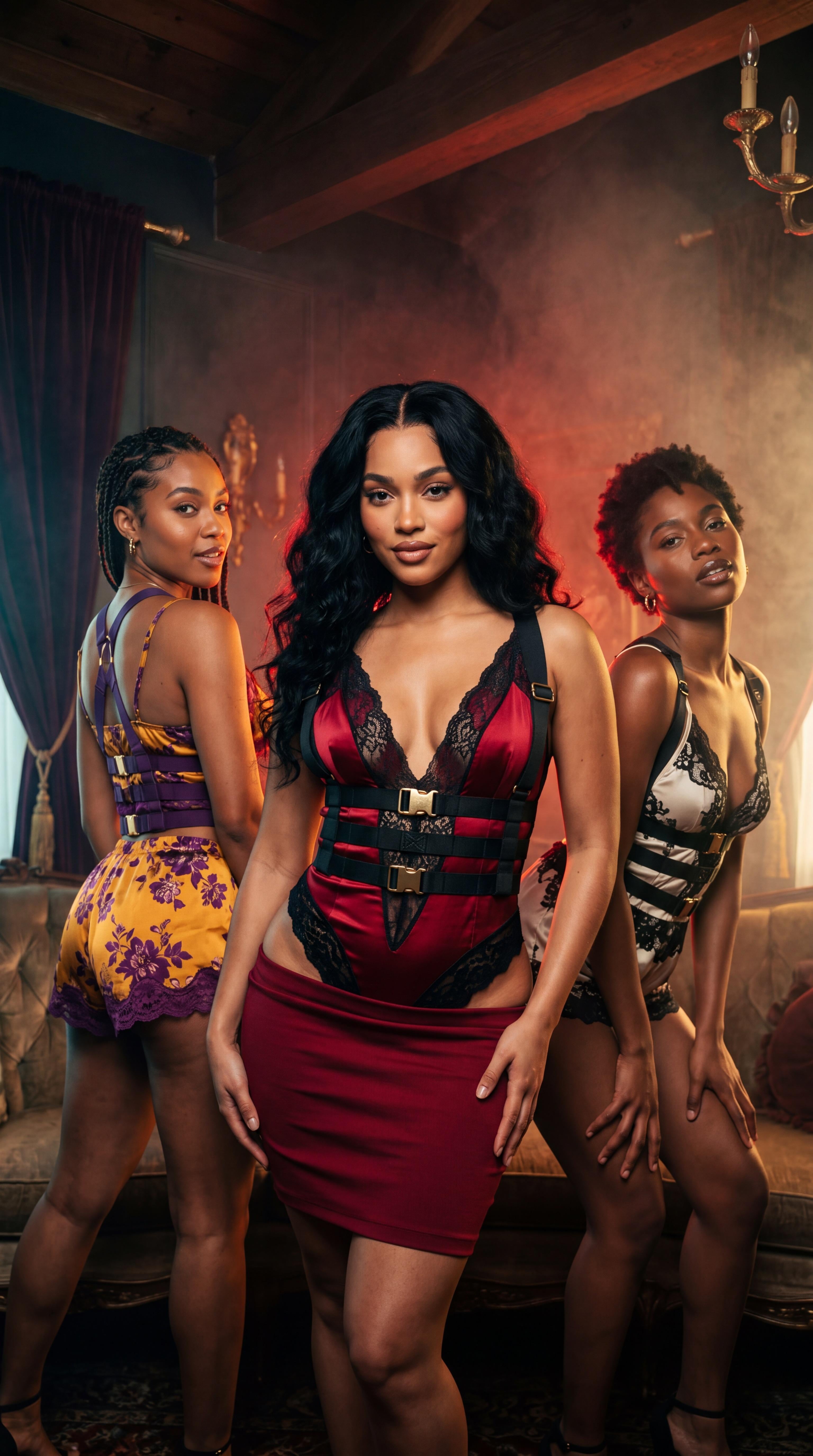 Three Women Opulent Room Velvet Curtains Satin Bodysuits