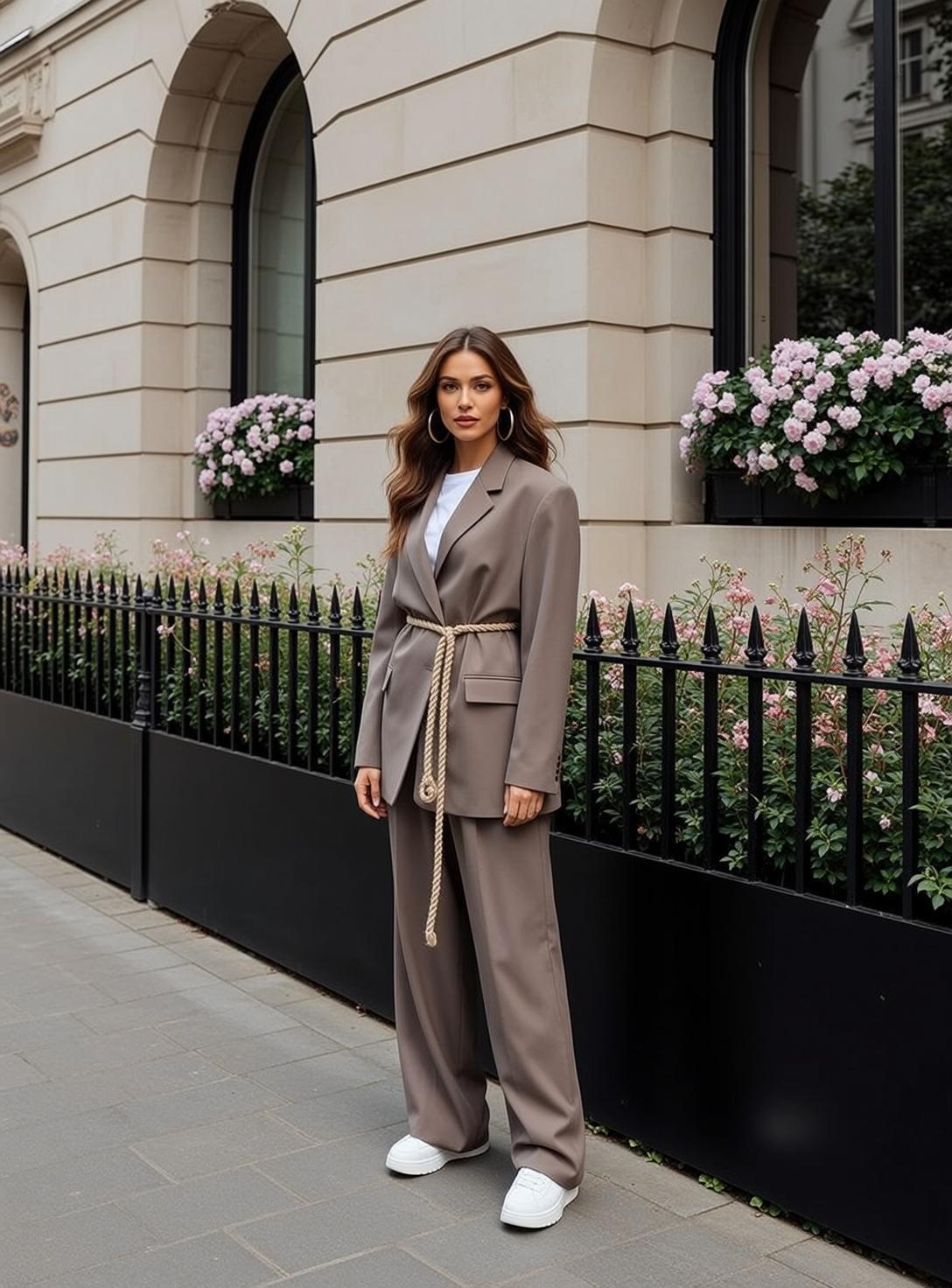 Taupe Blazer White Tee Wide Leg Pants Neutral Gaze