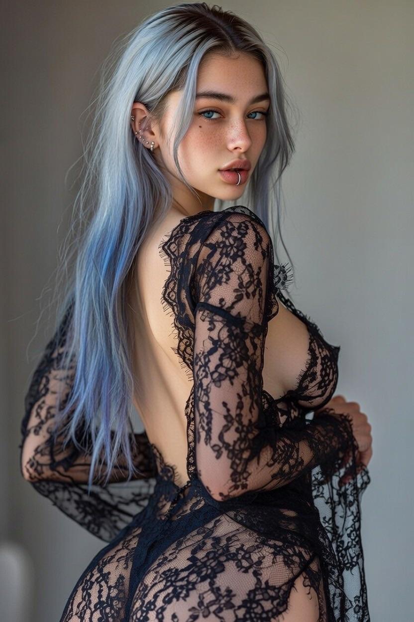 Icy Blue Hair Lace Bodysuit Side Profile
