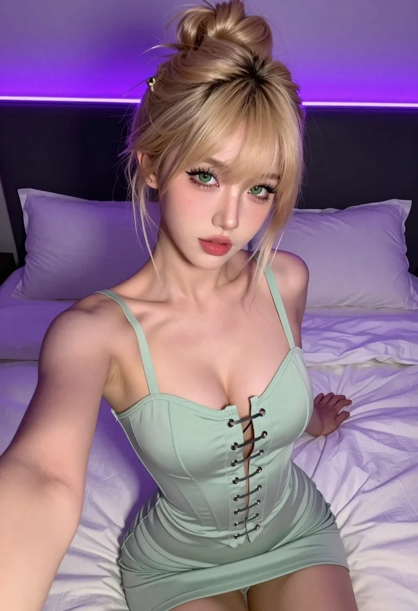 Young Woman With Blonde Hair Styled Messy Updo With Bangs