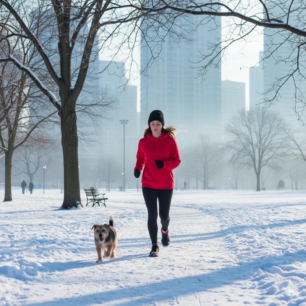 Jogging Snow Path City Park Winter Red Sweatshirt Dog