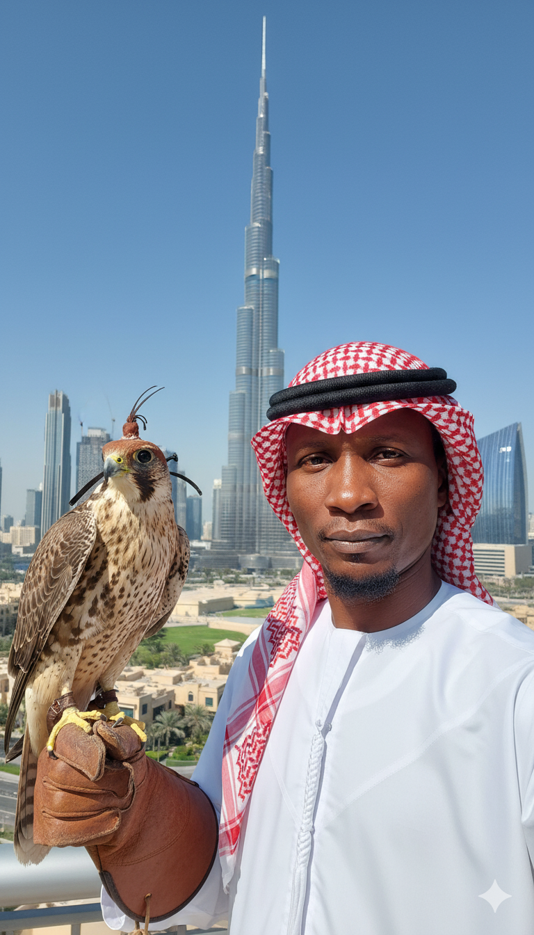 Outdoor portrait of a South Asian man in traditional dress holding a falcon, with the Burj Khalifa in the background under a clear blue sky.