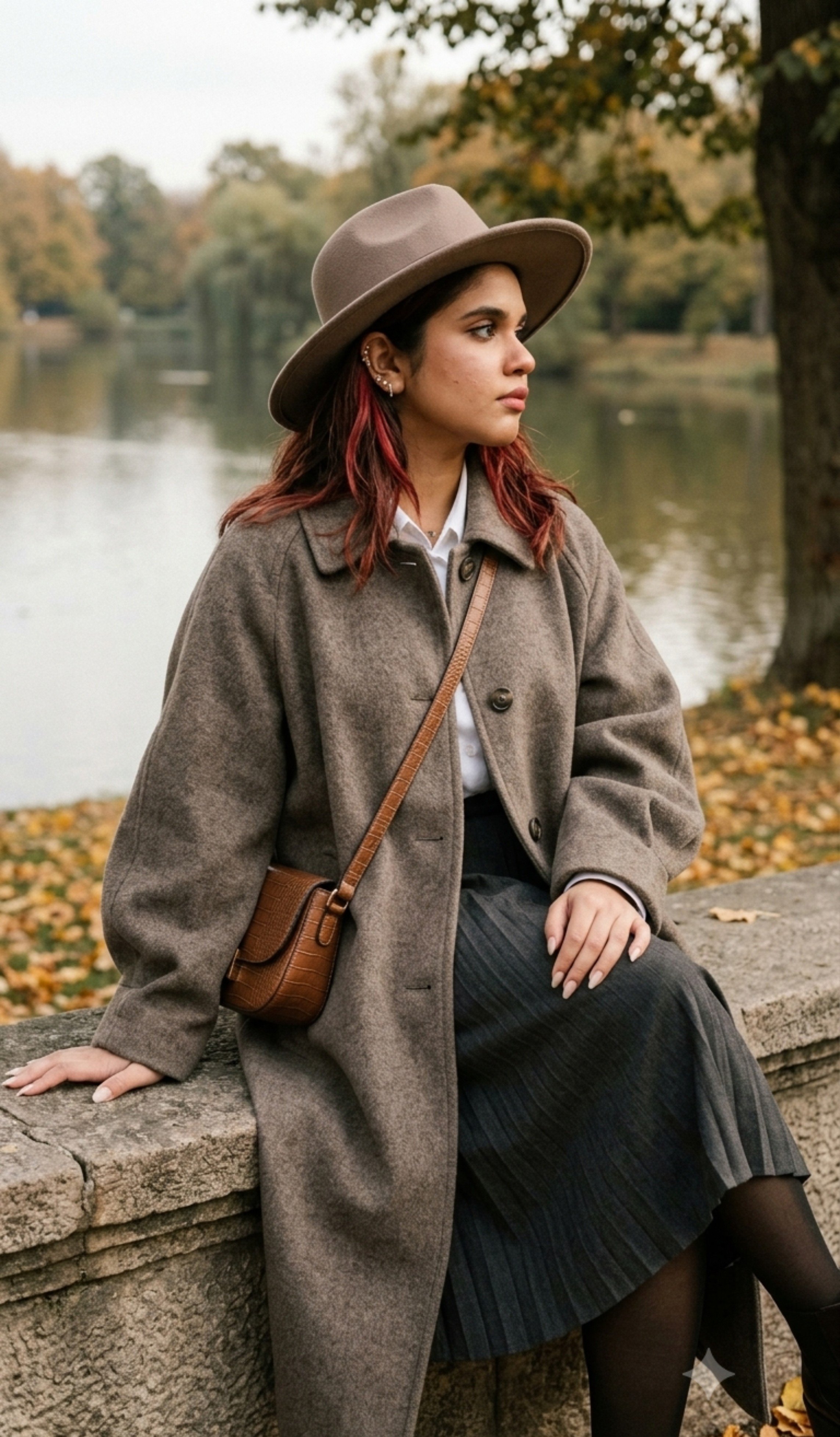 A woman in a long gray-brown coat sitting by a serene lake, pensive gaze, surrounded by autumn leaves and soft diffused daylight.