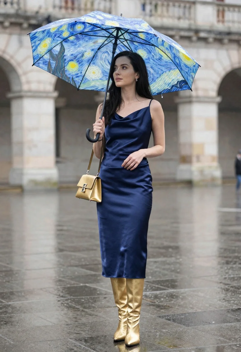 A woman stands under a large blue and yellow umbrella in the rain, gazing off to the side with a calm expression, dressed in a satin gown.