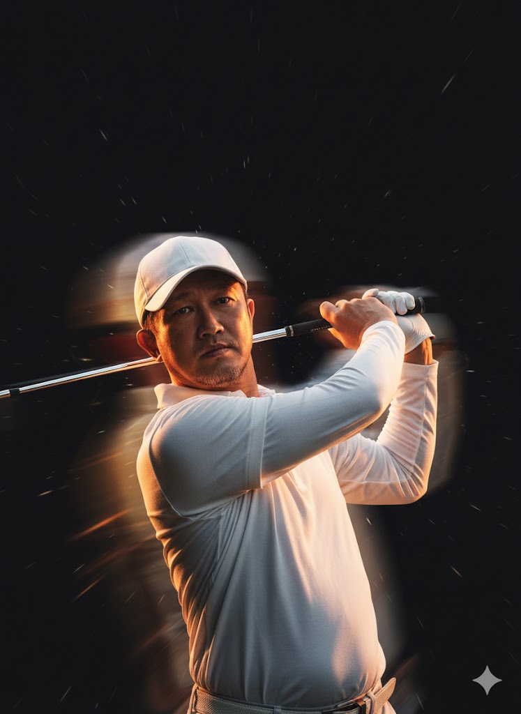 A middle-aged Asian man in a white cap swings a golf club mid-motion, showcasing strong focus and motion blur against a dark background.