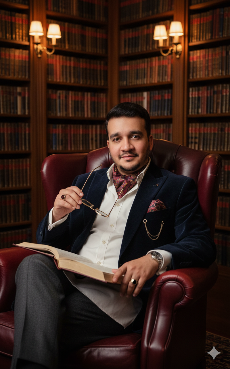 A distinguished man in a navy velvet smoking jacket seated in an elegant library, paired with reading glasses and surrounded by shelves of books.