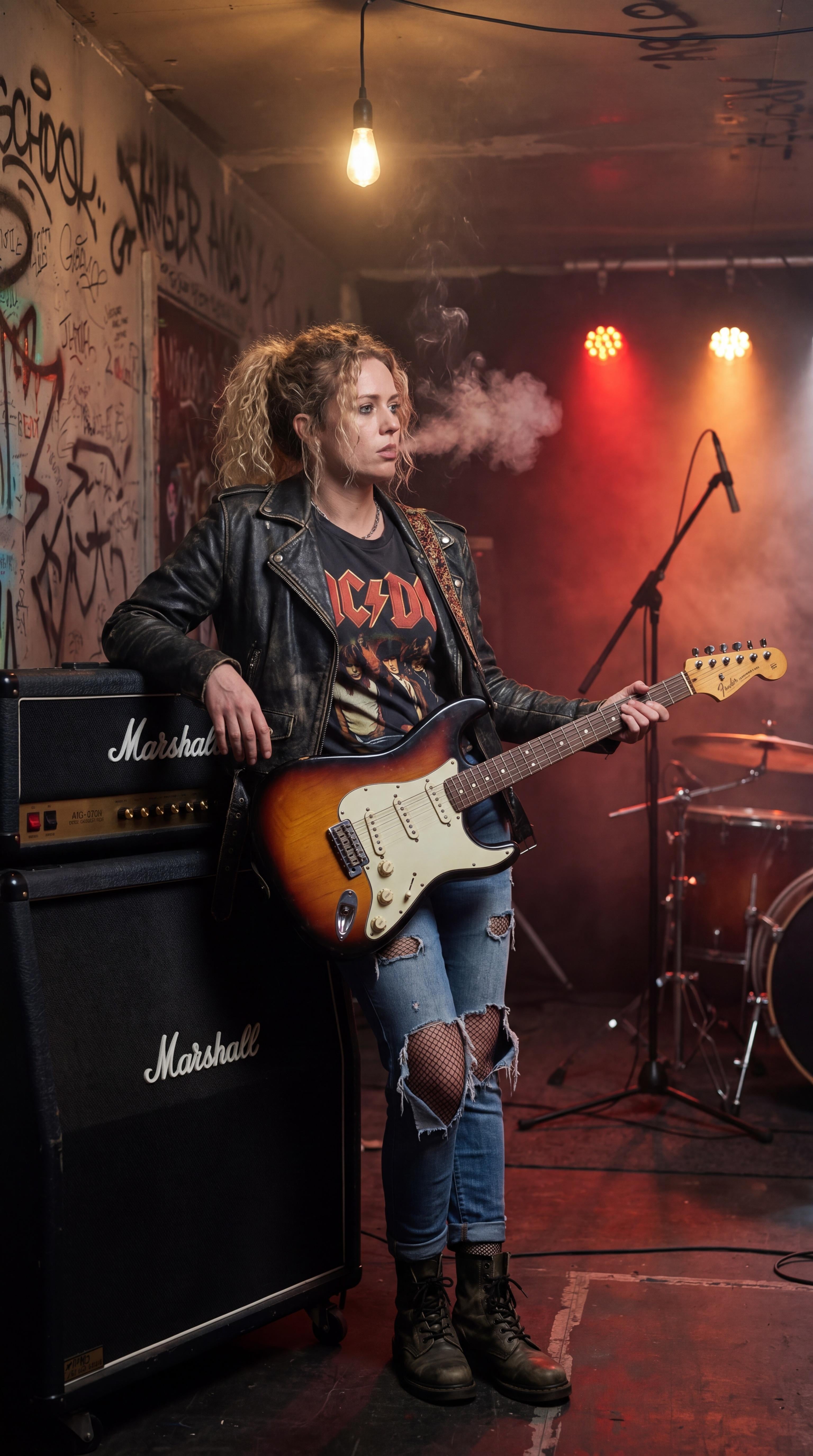A musician with a sunburst Fender Stratocaster in a dimly lit rehearsal room filled with colorful graffiti and amp stacks.