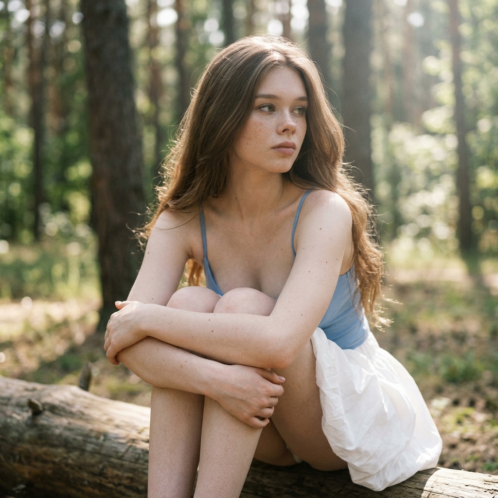 Forest Girl Sunny Noon Hugging Knees Thoughtful Gaze