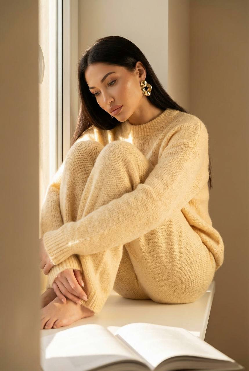 Cozy indoor portrait of a woman in a yellow knit sweater sitting by a window, softly illuminated by natural light.