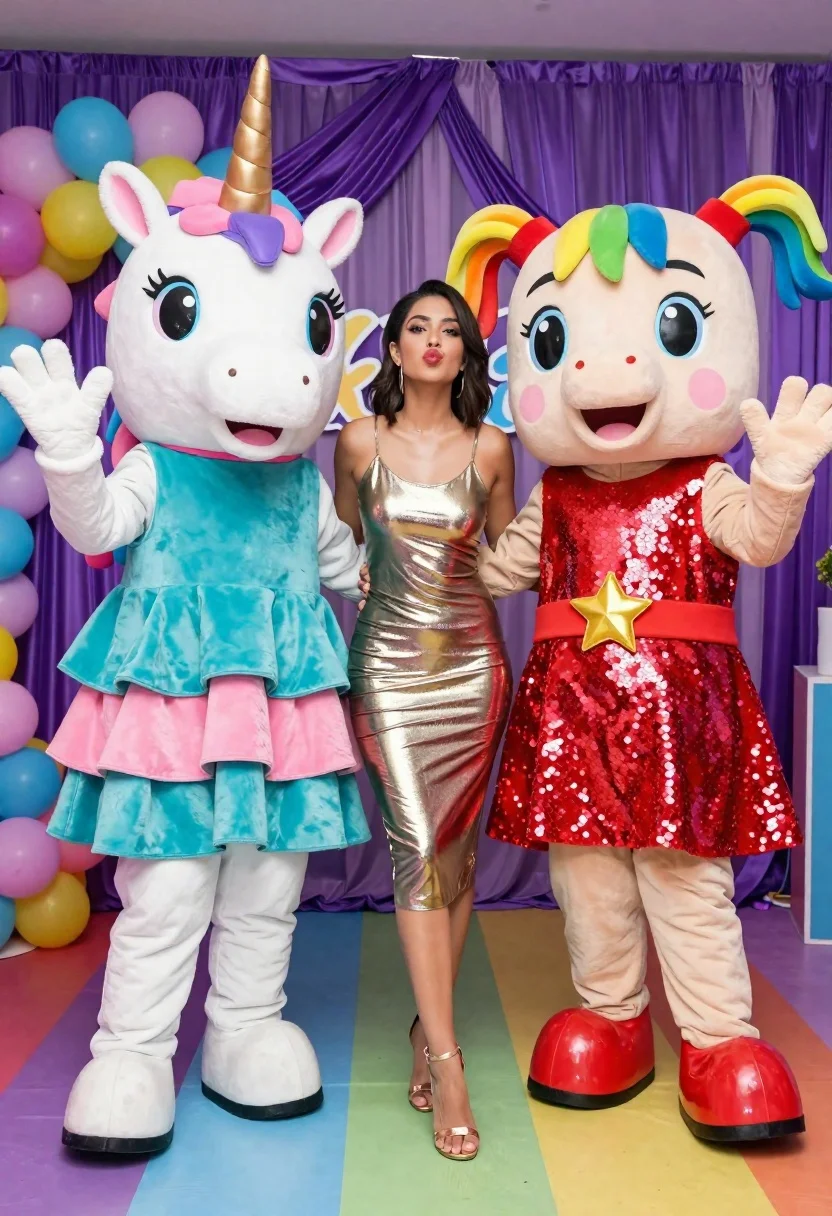 Woman Metallic Gold Dress Posing Between Two Large Mascot Characters reference photo