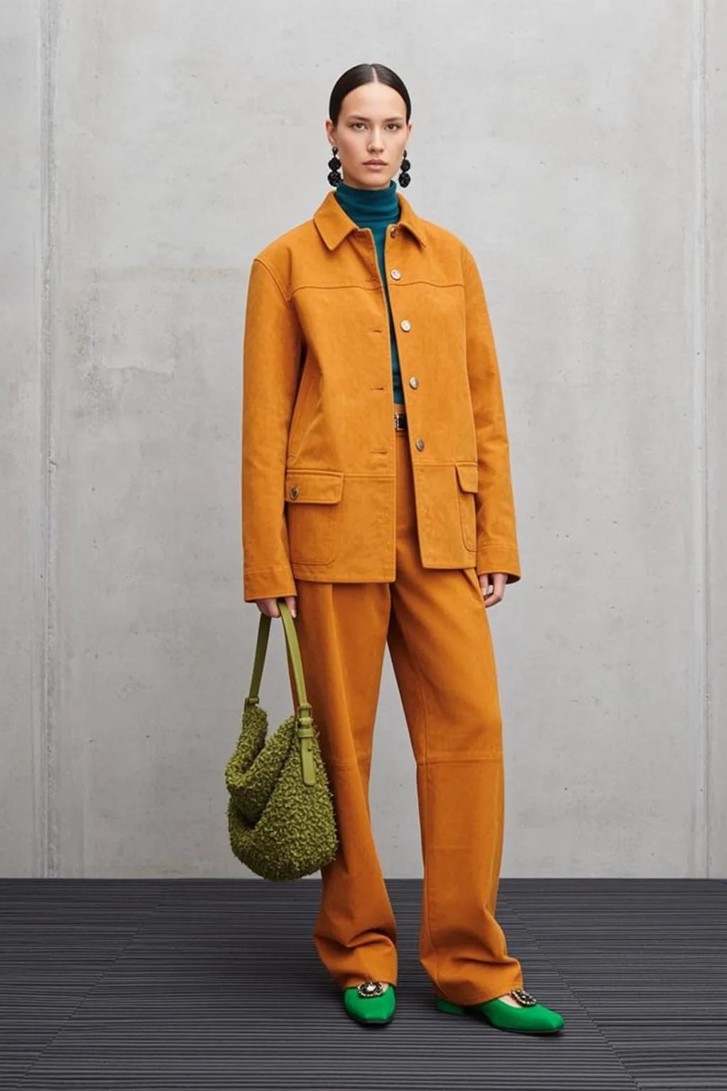 Teal Turtleneck Orange Trousers Fashion Editorial