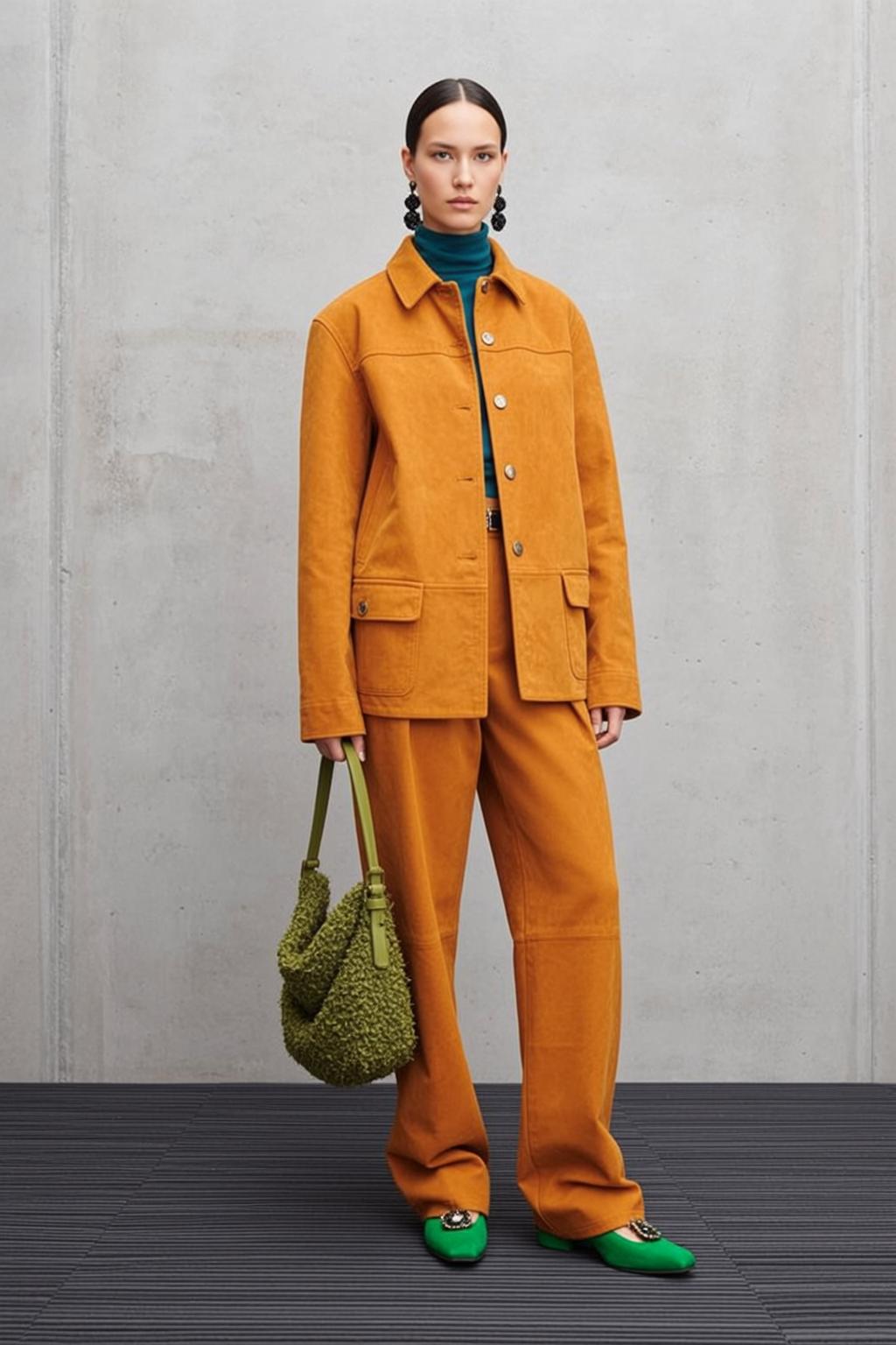 Teal Turtleneck Orange Trousers Fashion Editorial