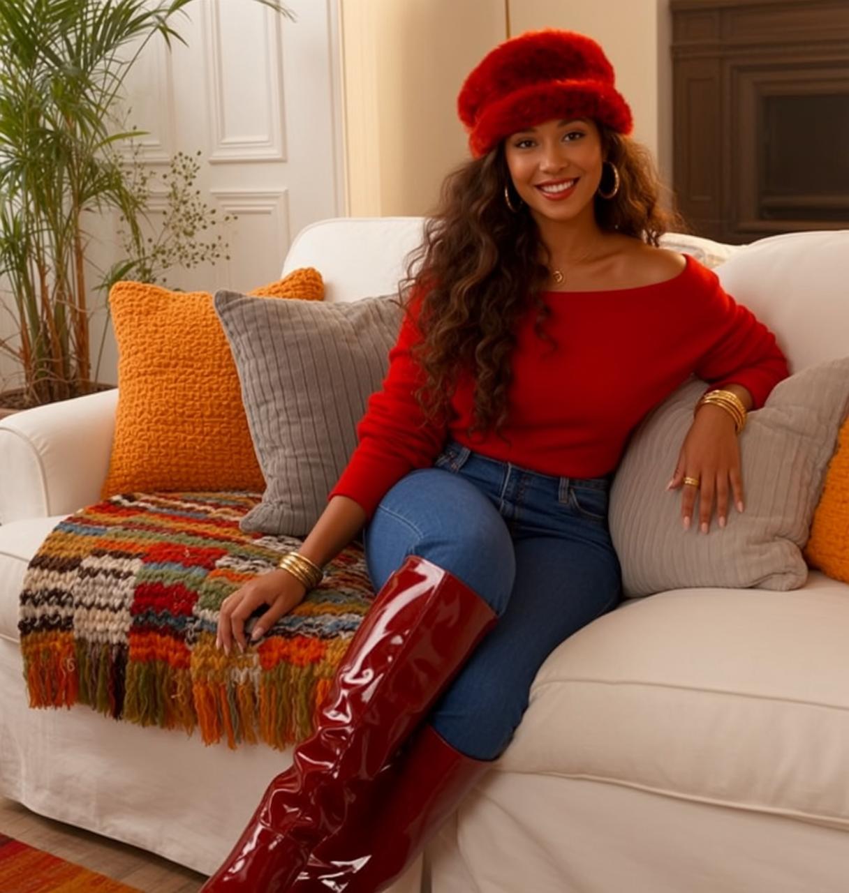 Y2k Seated White Sofa Leaning Slightly Her