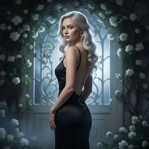 Strikingly Elegant Young Female Stands Dark Moody Ethereal Setting Her