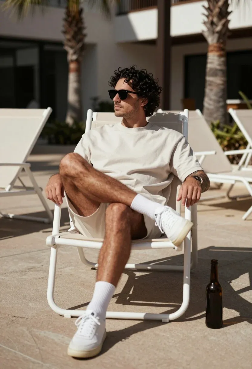 Man Sits Casually White Lounge Chair Outdoor Courtyard Setting Subject