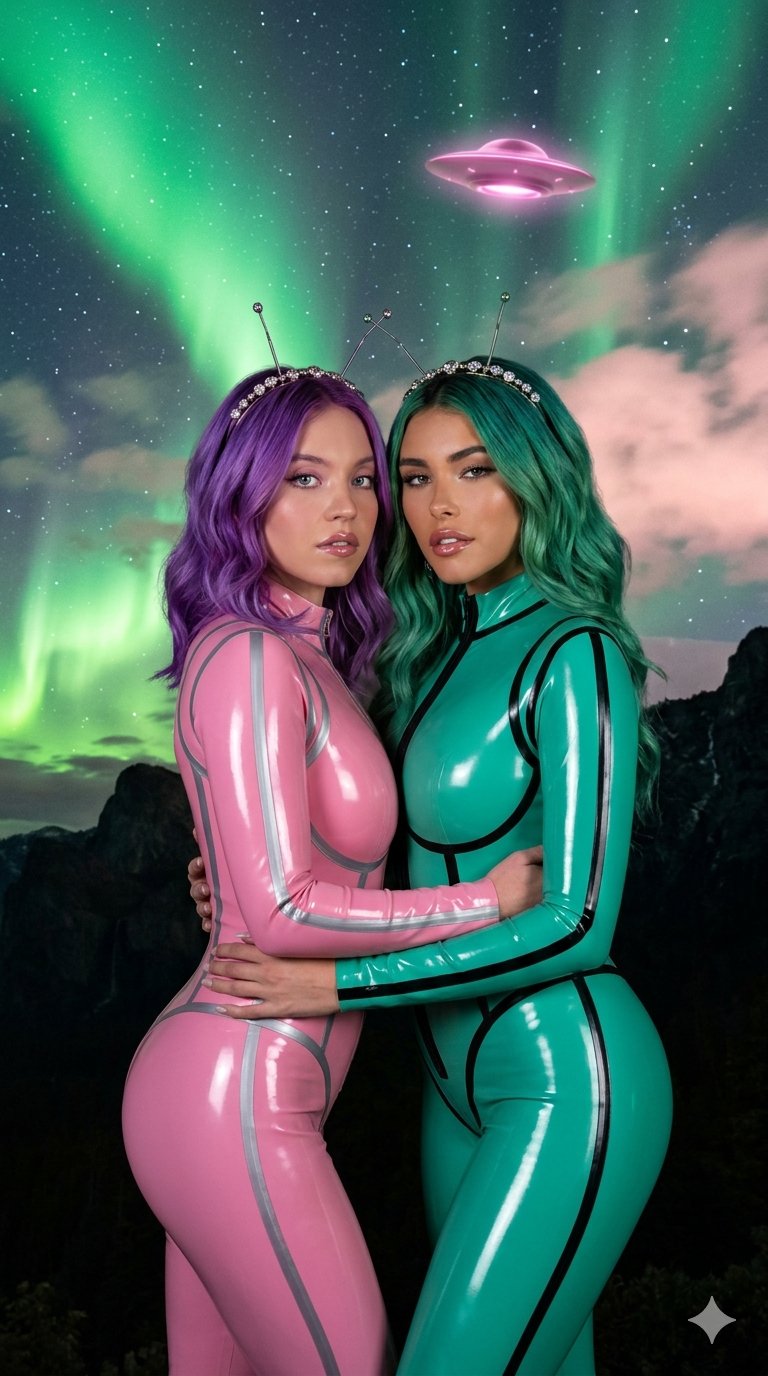Two Women In Shiny Latex Catsuits Embracing Under Aurora Borealis