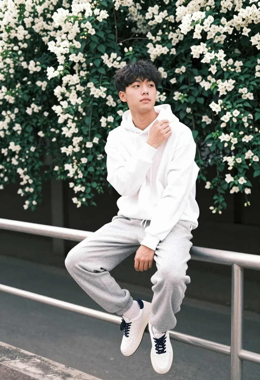 Young Man Sits Casually Metal Railing Outdoor Setting With Lush
