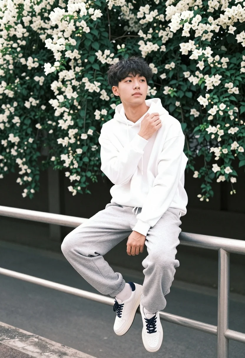 Young Man Sits Casually Metal Railing Outdoor Setting With Lush