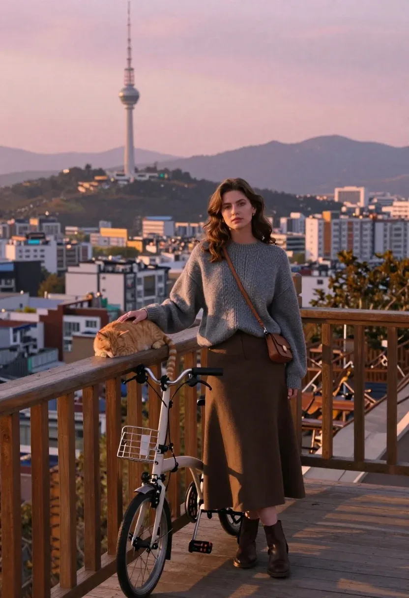 Woman Stands Wooden Deck Overlooking Sprawling City Sunset With Television